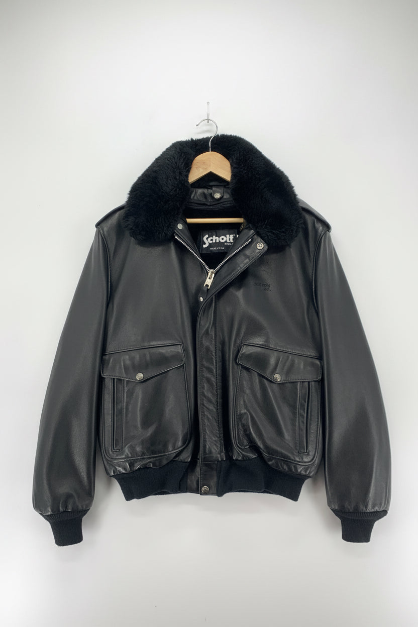 Bomber Schott NYC in pelle nera con collo in pelliccia taglia 44 Made in USA