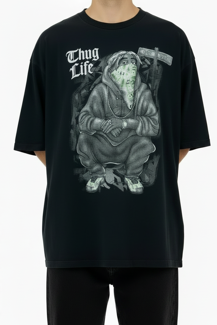 T-shirt vintage 2Pac Thug Life Killer Brand nera anni 90 USA taglia XL