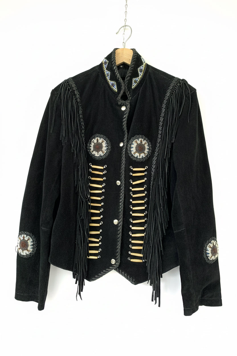 Giacca Western in pelle scamosciata nera con frange e decorazioni nativo americano taglia M