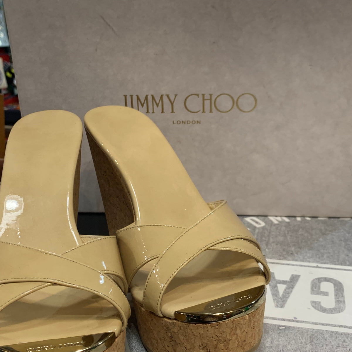 Sabot con zeppa in sughero Jimmy Choo modello classico vernice beige donna 39 1\2
