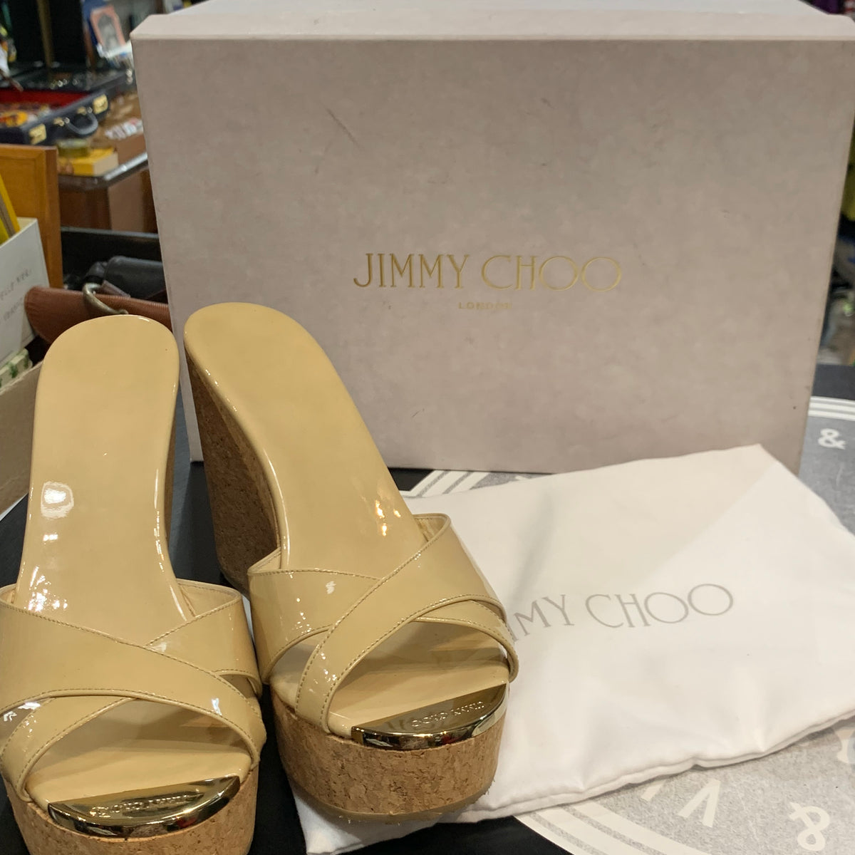 Sabot con zeppa in sughero Jimmy Choo modello classico vernice beige donna 39 1\2