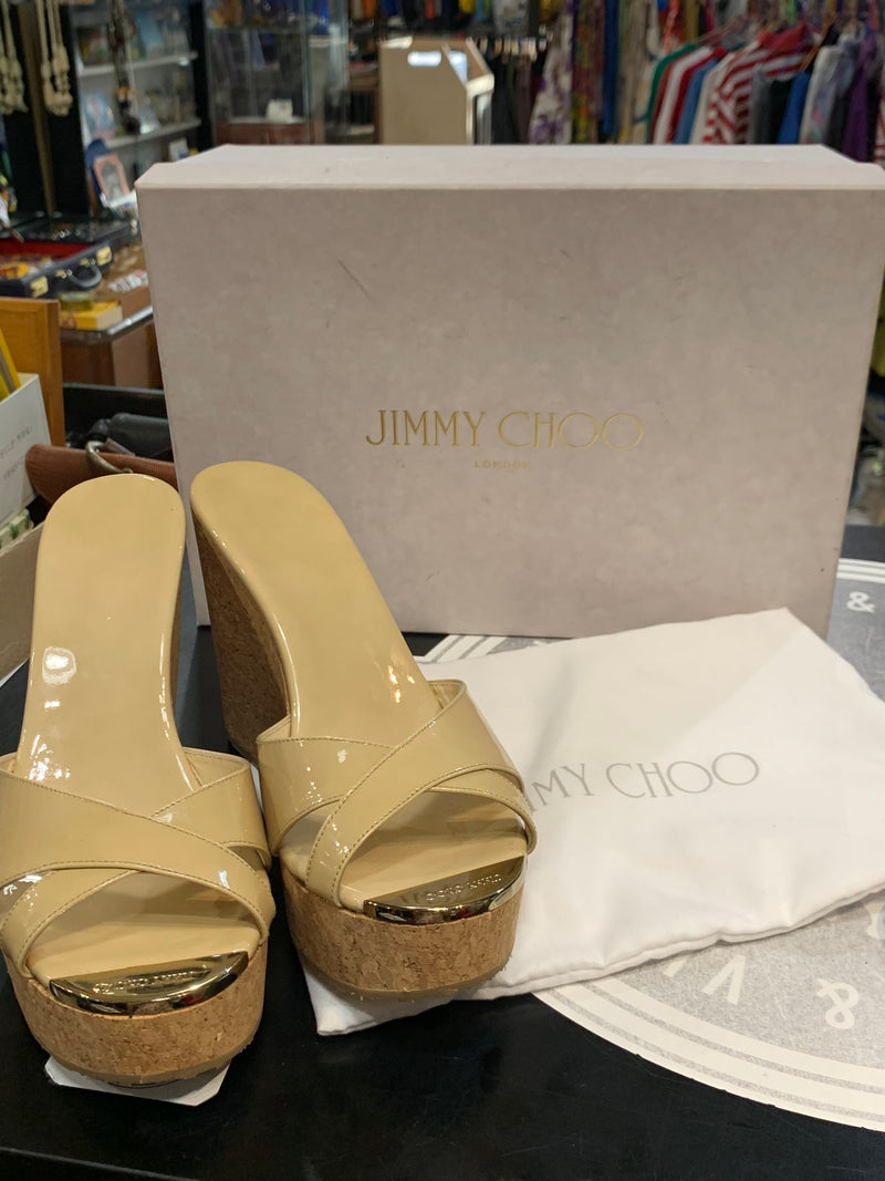 Sabot con zeppa in sughero Jimmy Choo modello classico vernice beige donna 39 1\2