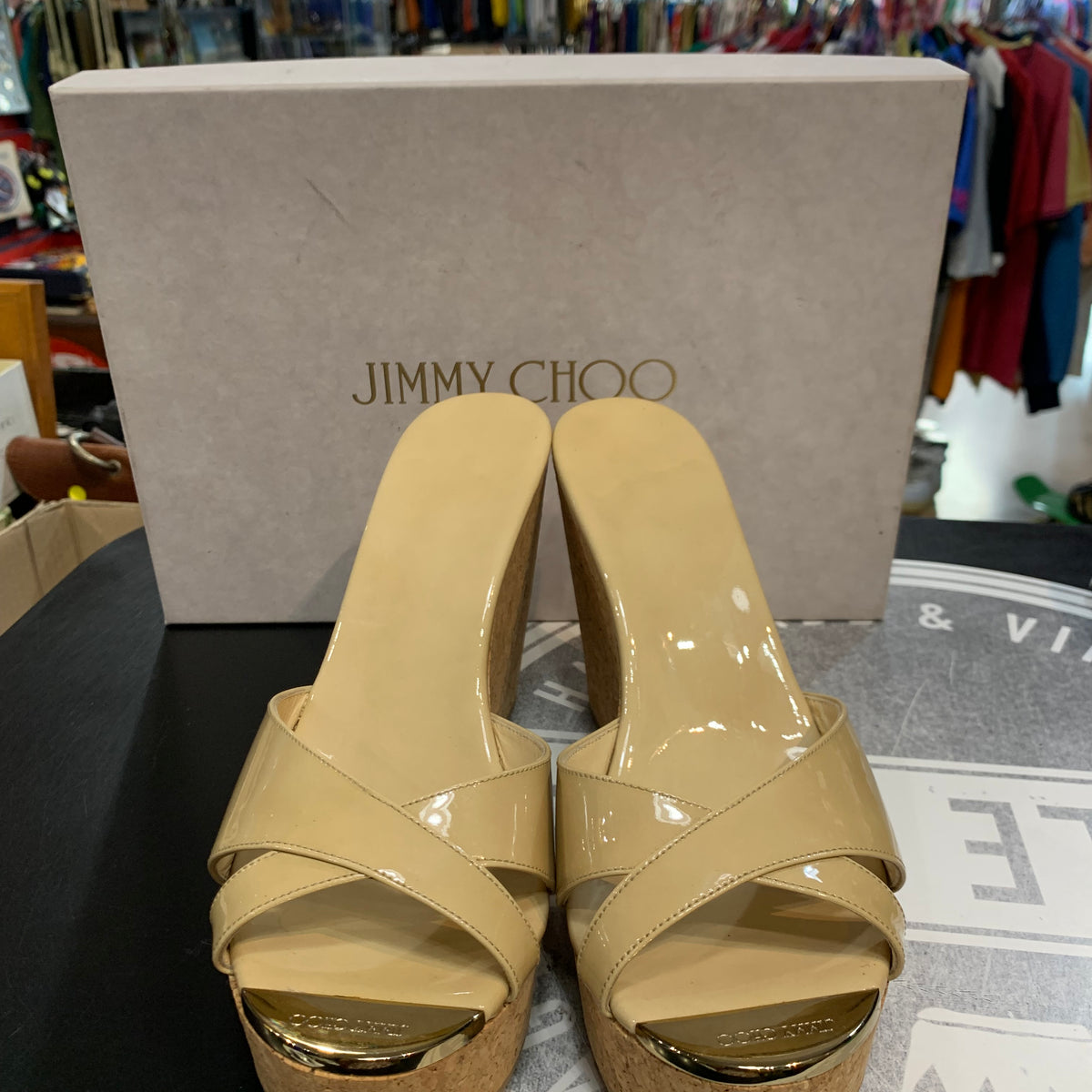 Sabot con zeppa in sughero Jimmy Choo modello classico vernice beige donna 39 1\2