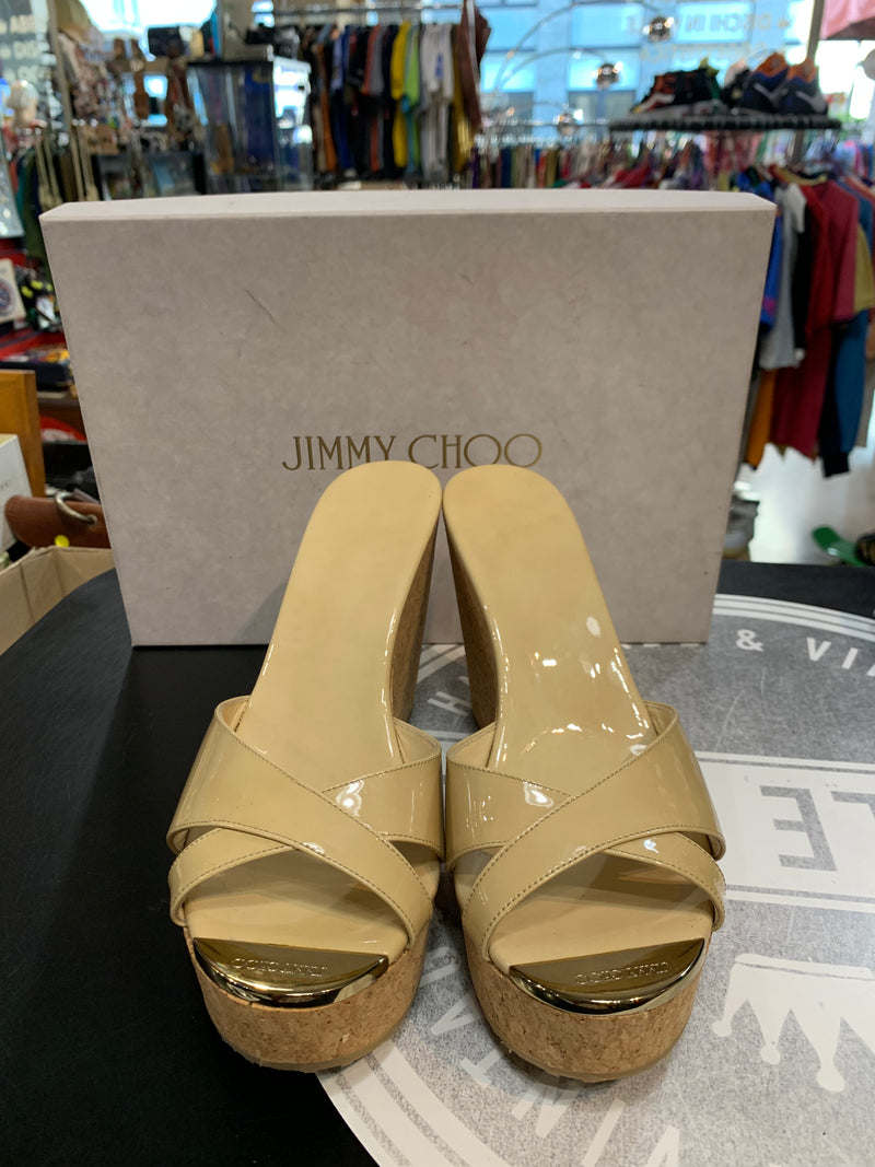 Sabot con zeppa in sughero Jimmy Choo modello classico vernice beige donna 39 1\2