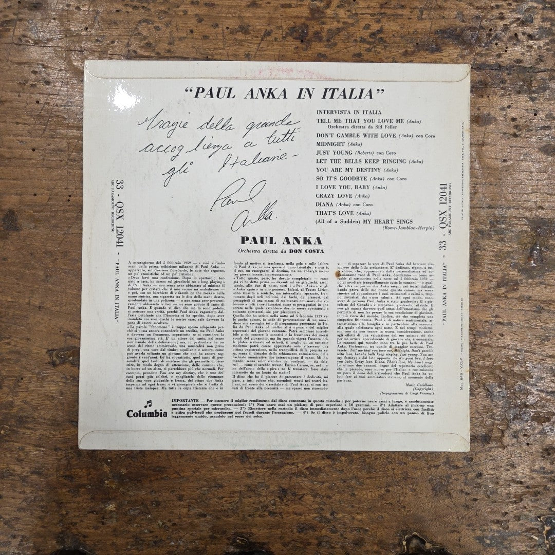 LP Paul Anka - Paul Anka In Italia 33-QSX 12041 Made In Italy 1959