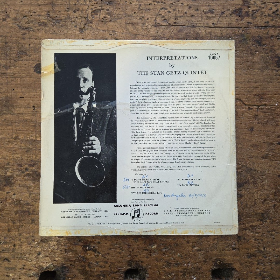 LP Interpretations By The Stan Getz Quintet - 33 CX 10057 Jazz Vinile 1953