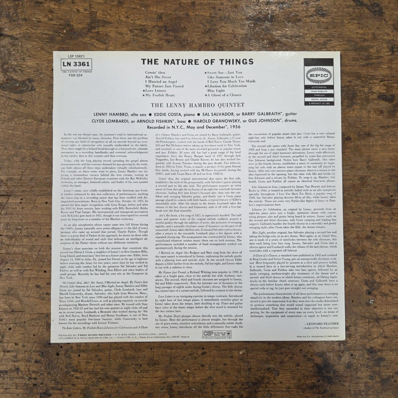 LP Lenny Hambro Quintet - The Nature Of Things LN 3361 1986 Jazz Vinile