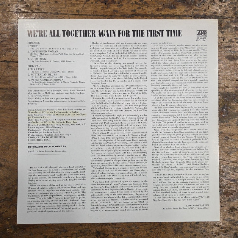 LP Brubeck/Mulligan/Desmond - We're All Together Again K 40489 1973 Made In IT