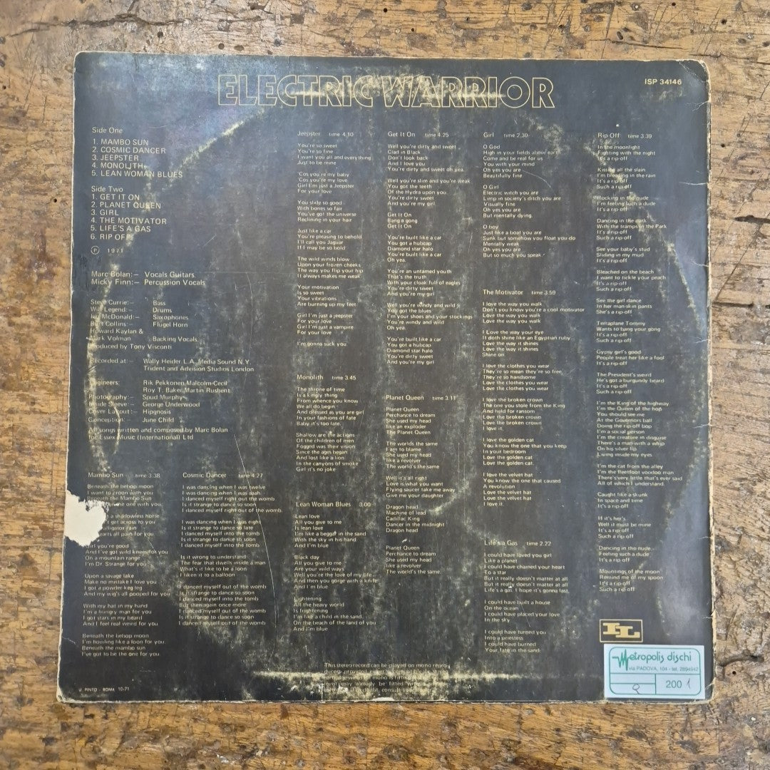 LP Electric Warrior - T-rex ISP 34146 Made In Italy 1971 Musica Rock Vinile