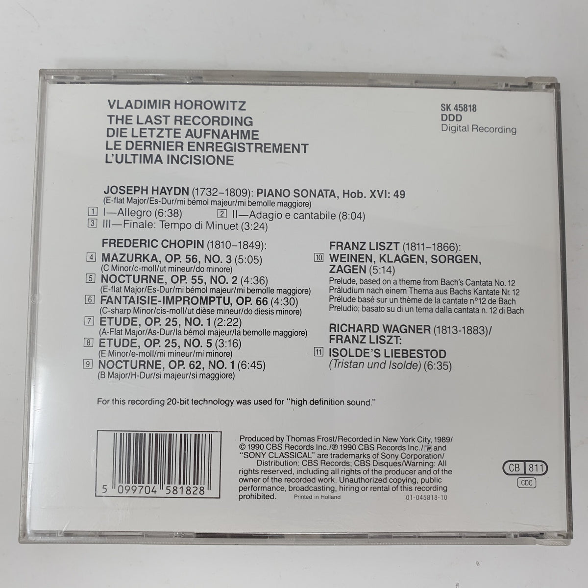 CD Horowitz  Chopin Haydn Liszt Wagner – The Last Recording