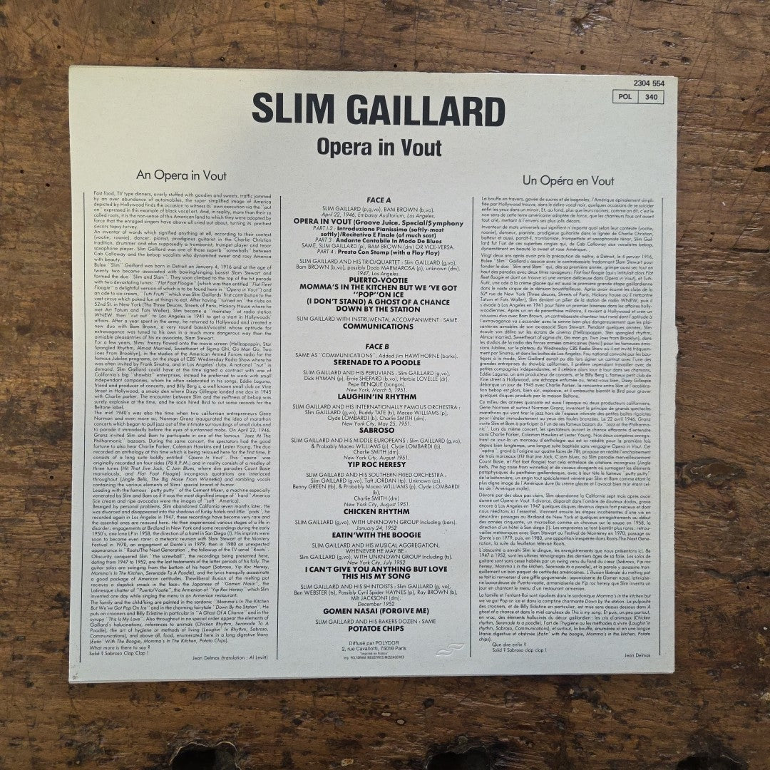 LP Slim Gaillard - Opera In Vout 1956 2304 554 Jazz Vinile Made In France