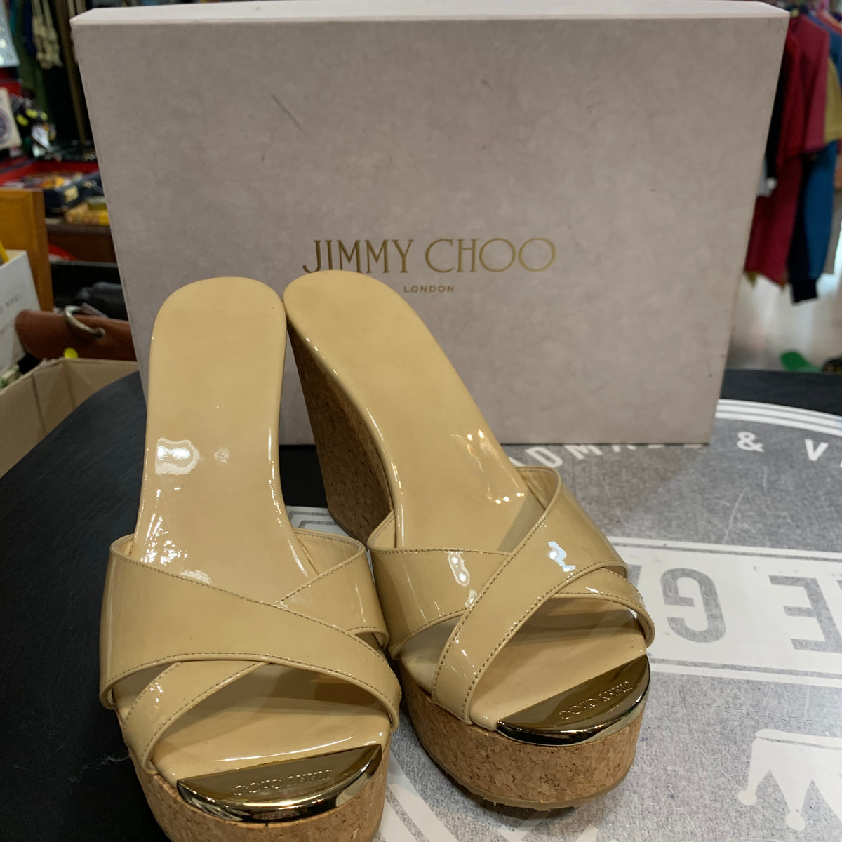Sabot con zeppa in sughero Jimmy Choo modello classico vernice beige donna 39 1\2