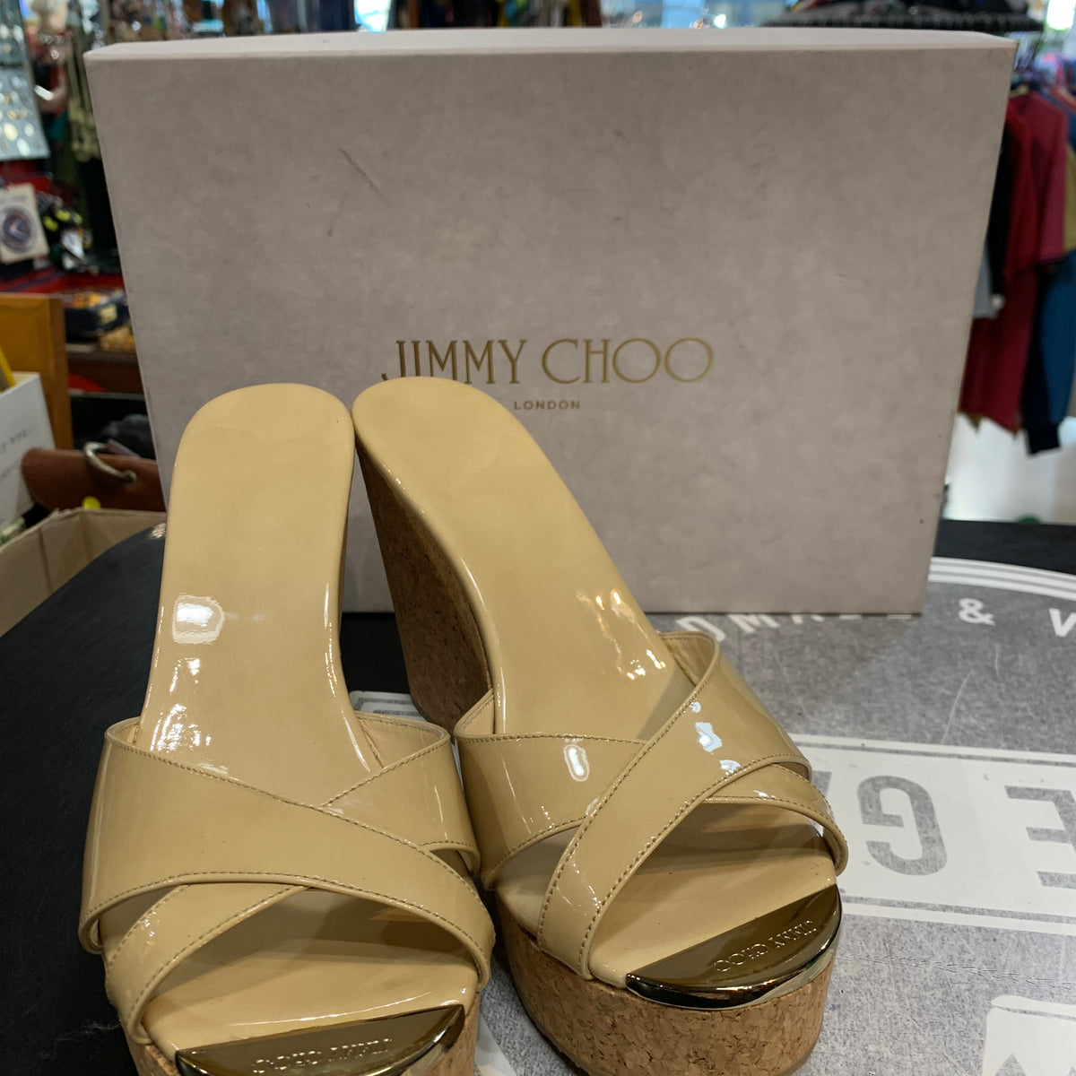 Sabot con zeppa in sughero Jimmy Choo modello classico vernice beige donna 39 1\2