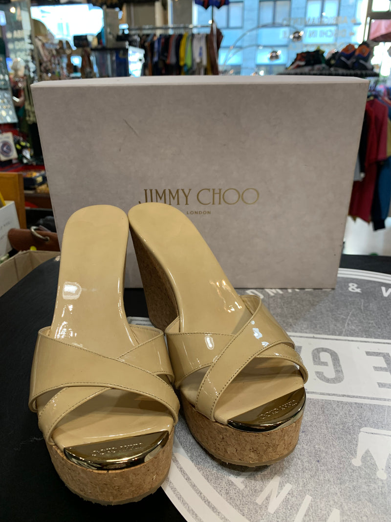 Sabot con zeppa in sughero Jimmy Choo modello classico vernice beige donna 39 1\2