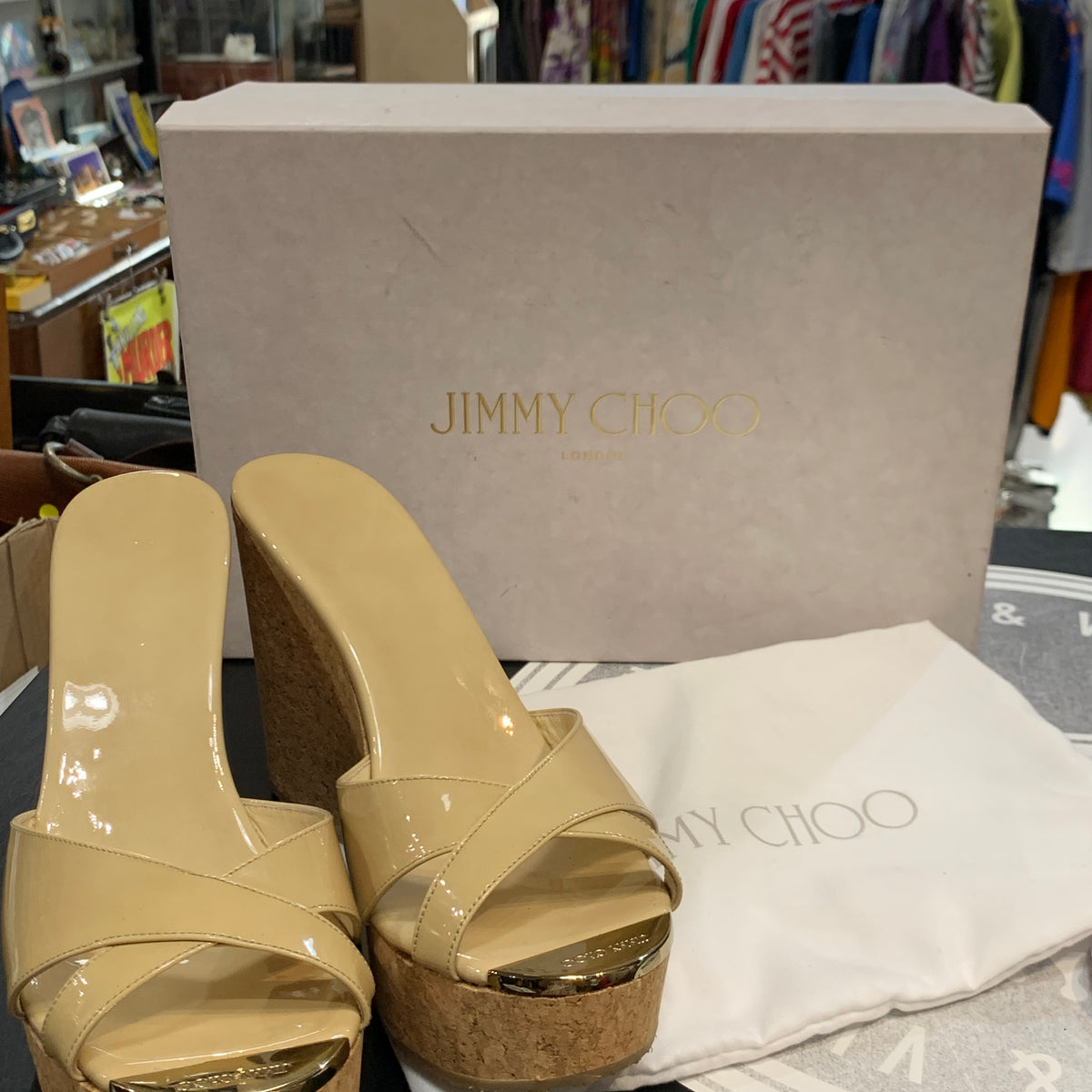 Sabot con zeppa in sughero Jimmy Choo modello classico vernice beige donna 39 1\2