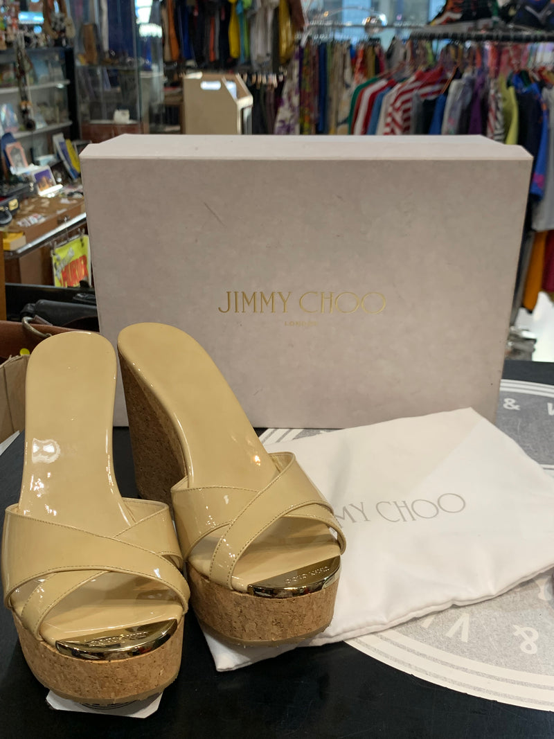 Sabot con zeppa in sughero Jimmy Choo modello classico vernice beige donna 39 1\2