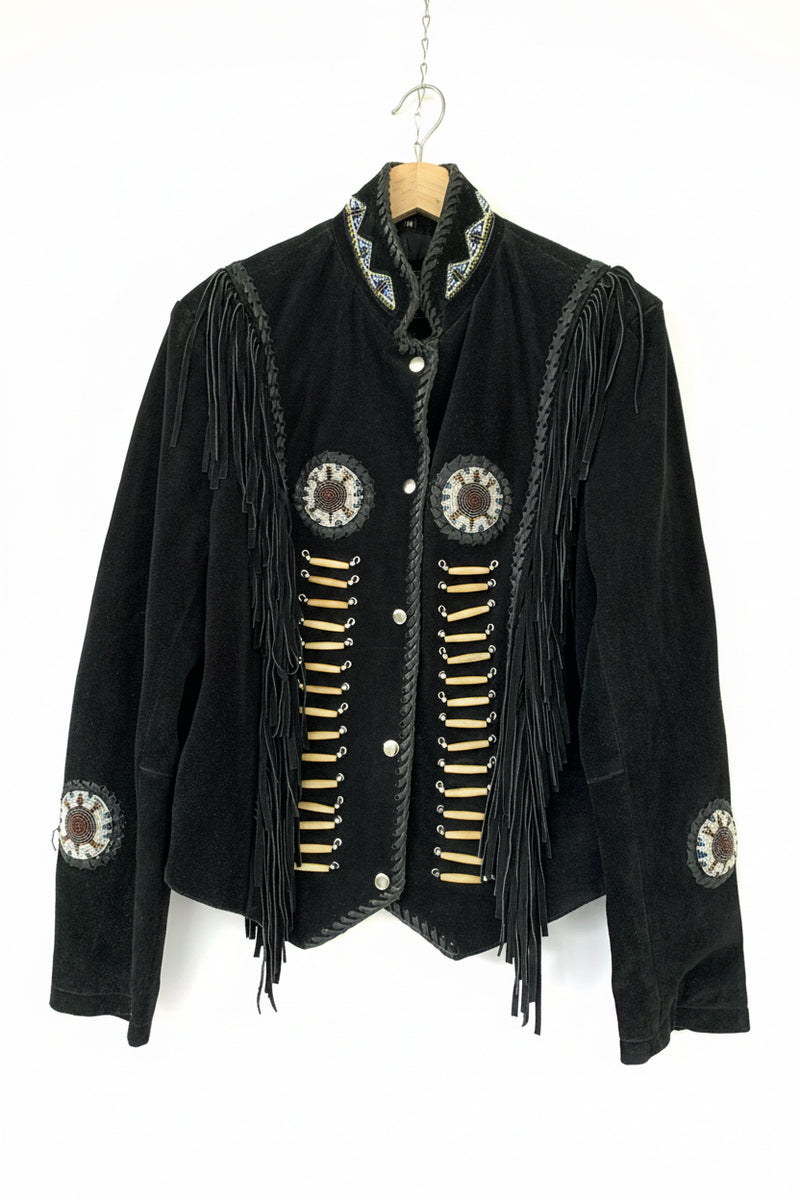 Giacca Western in pelle scamosciata nera con frange e decorazioni nativo americano taglia M