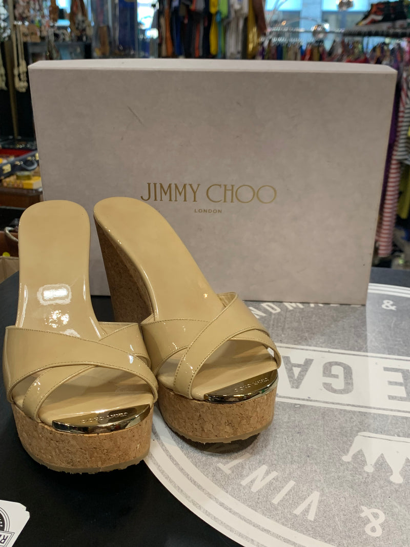 Sabot con zeppa in sughero Jimmy Choo modello classico vernice beige donna 39 1\2
